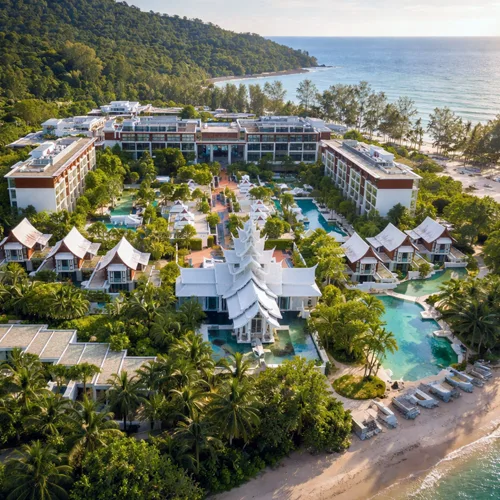 InterContinental Phuket Resort aerial view in Kamala Beach with luxury villas, tropical gardens and beachfront location