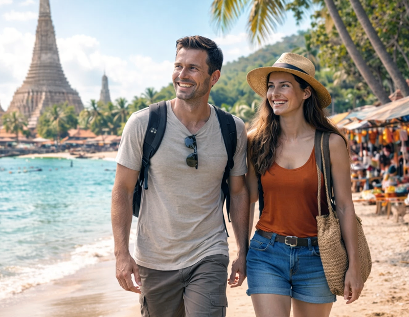 Thailand couples beach and culture itinerary with a couple walking on a tropical beach near a historic Thai temple