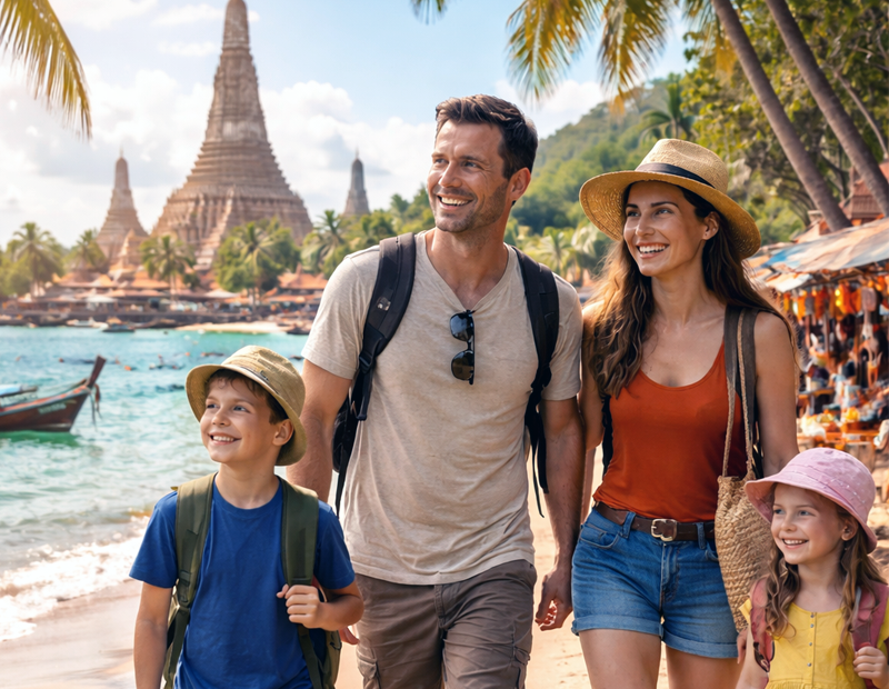 Thailand couples beach and culture itinerary with a couple walking on a tropical beach near a historic Thai temple