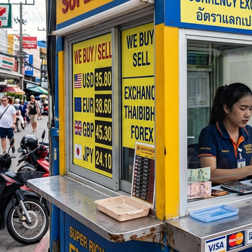 Money exchange booth in Thailand showing foreign currency exchange rates