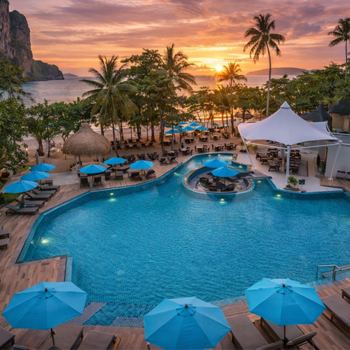 Centara Ao Nang Krabi beach resort swimming pool at sunset with beachfront view and tropical palm trees